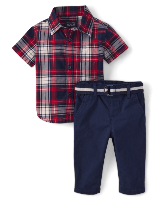 Baby Boys Short Sleeve Plaid Poplin Button Down Shirt And Belted Twill