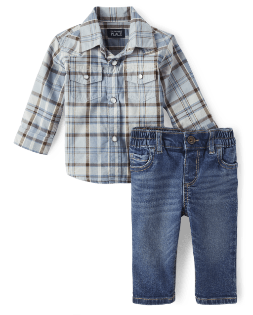 Baby Boys Long Sleeve Plaid Poplin Button Up Shirt And Denim Jeans 2 ...