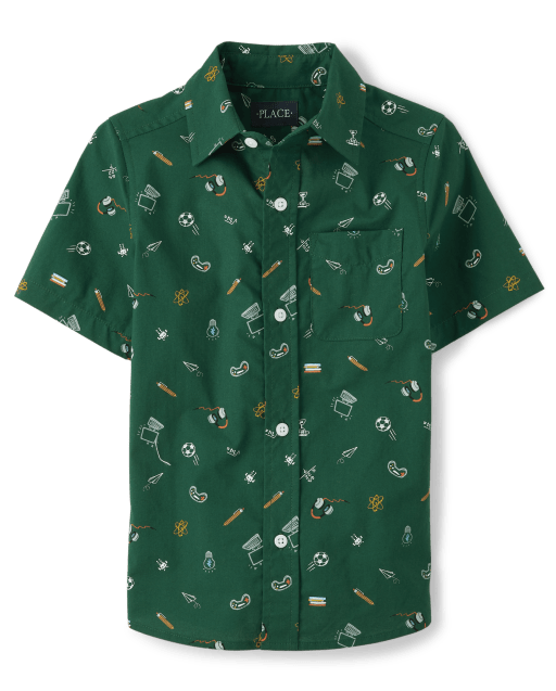 Boys Short Sleeve School Doodle Print Poplin Button Up Shirt