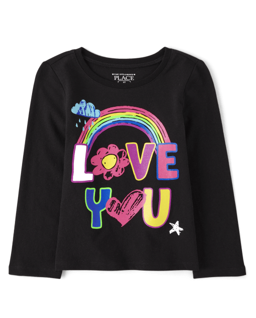 Toddler Girl Graphic Letter and Floral Print Ruffled Long-sleeve Tee