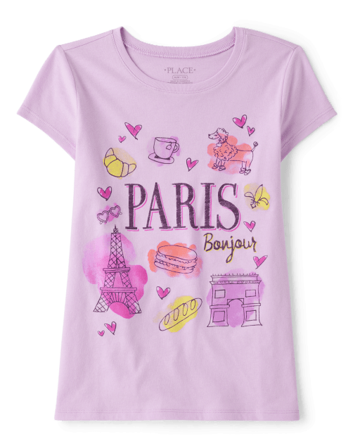 Kids Girls Regular Round Neck Cotton Fit T-Shirt Blue Paris