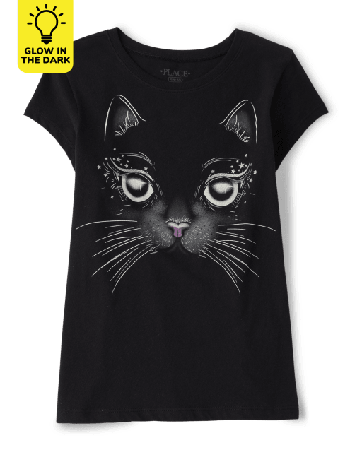 Girls Halloween Glow In The Dark Short Sleeve Cat Graphic