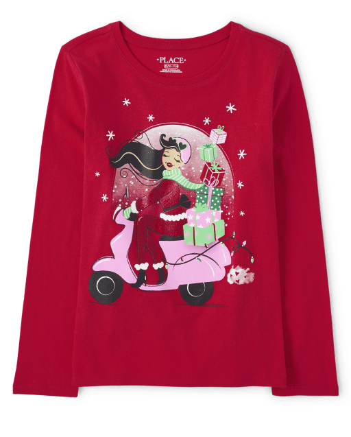 Girls Christmas Long Sleeve Moped Presents Graphic Tee - RED