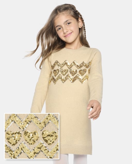 Girls Christmas Long Sleeve Sequin Heart Knit Sweater Dress The