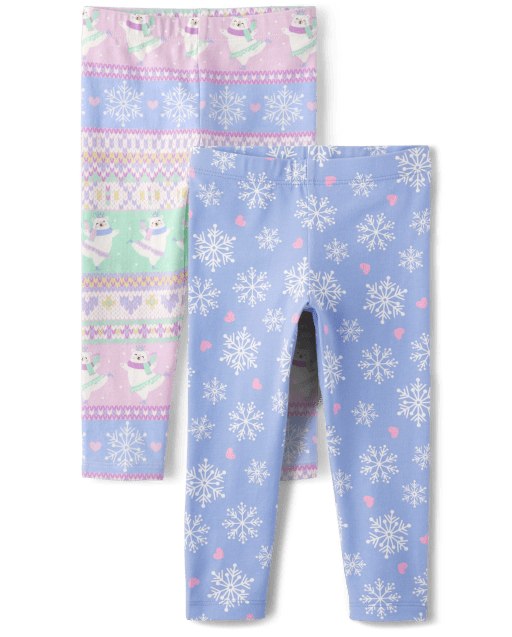 Toddler Girls Mix And Match Snowflake And Polar Bear Print Knit Leggings  2-Pack