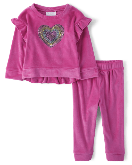 Toddler Girls Long Sleeve Heart Sweatshirt And Velour Knit Jogger Pants  2-Piece Outfit Set