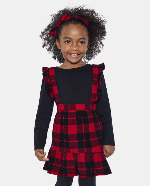 Toddler Girls Christmas Long Sleeve Top And Buffalo Plaid Knit Skirtall