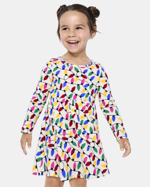 Baby And Toddler Girls Mix And Match Long Sleeve Christmas Lights Print Knit Babydoll Dress BUNNYS TAIL The Children s Place