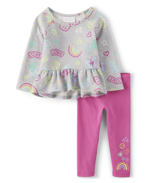 Toddler Girls Active Long Raglan Sleeve Doodle Print Peplum Sweatshirt ...