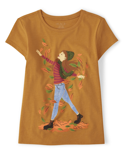 Girls Short Sleeve Leaves Graphic Tee ORANGE The Children's Place