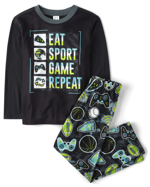 Boys Long Sleeve Eat Sport Game Repeat Pajamas