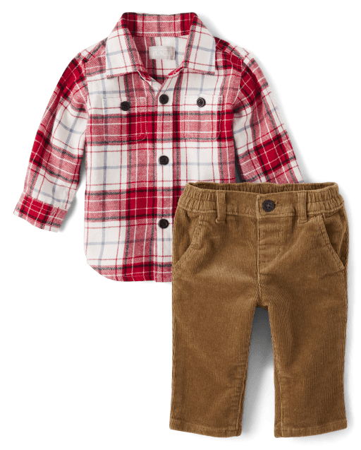 Baby Boys Christmas Long Sleeve Plaid Flannel Button Up Shirt And