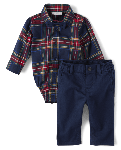 Baby Boys Matching Family Christmas Long Sleeve Plaid Poplin Button Up Bodysuit And Twill Woven Chino Pants 2 Piece Outfit Set TIDAL The Children s Place