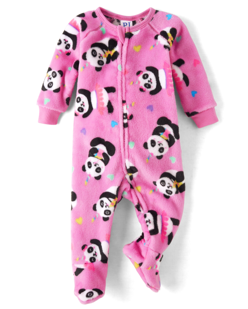Baby And Toddler Girls Long Sleeve Panda Print Fleece Footed One Piece  Pajamas
