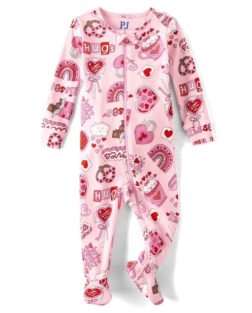 Baby And Toddler Girls Long Sleeve Valentine s Day Doodle Print Snug Fit Cotton Footed One Piece Pajamas PINK The Children s Place
