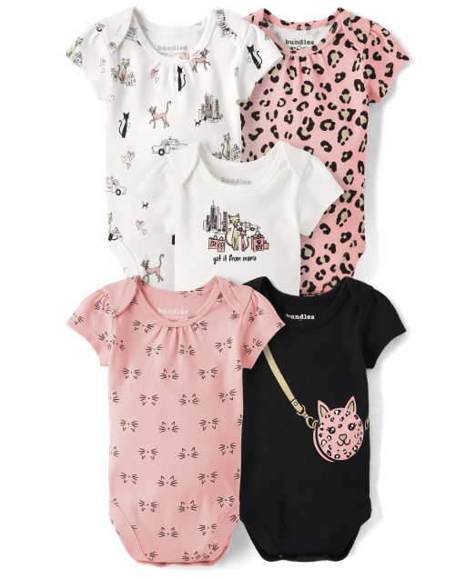 Baby Girls Short Sleeve Leopard Bodysuit 5-Pack - WHITE