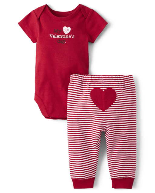 Unisex Baby Long Sleeve First Valentine's Day Bodysuit And Striped