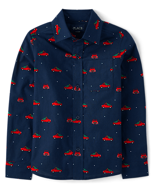 Boys Long Sleeve Christmas Truck Print Poplin Button Up Shirt TIDAL The Children s Place