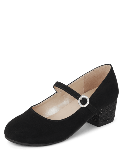 Girls Glitter Faux Suede Low Heel Shoes The Children s Place BLACK