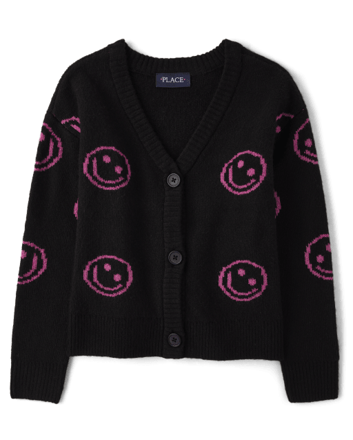 Sleeve Children\'s Happy Place Face - Cardigan Girls Long | The BLACK Intarsia
