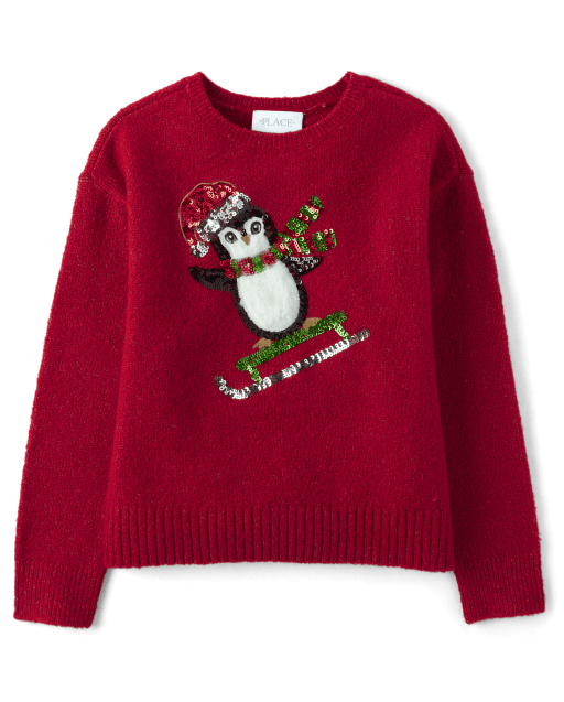 Girls Christmas Long Sleeve Sequin Penguin Sweater RED The Children s Place CA