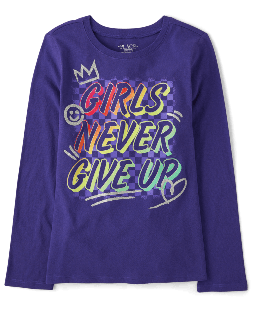 Girls Long Sleeve Girls Never Give Up Graphic Tee - PURPLE | The
