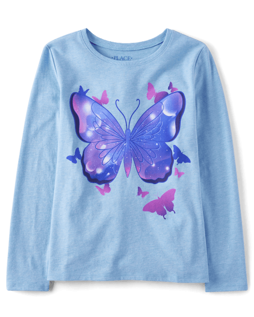 Girls Long Sleeve Butterflies Graphic Tee - BLUE | The