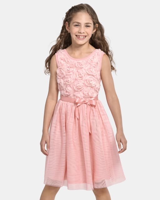 Girls Sleeveless 3D Rosette Mesh Woven Fit And Flare Dress - PINK