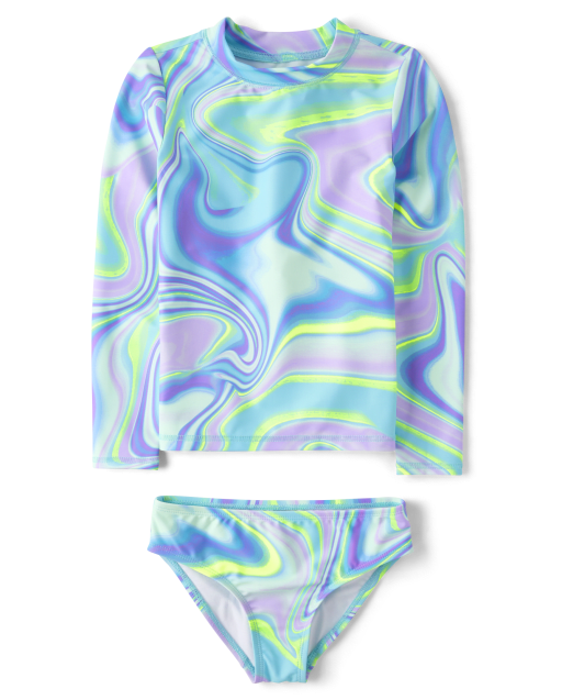Girls Long Sleeve Swimsuit - Blue Squiggles