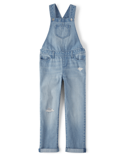 Women's Juniors Rolled Cuffs Ankle Length Distressed Denim Overalls