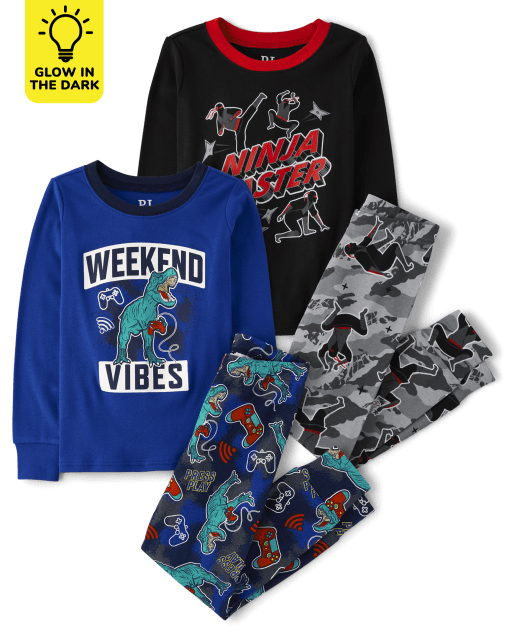 Boys Glow In The Dark Long Sleeve Dino and Ninja Snug Fit Cotton Pajamas  2-Pack