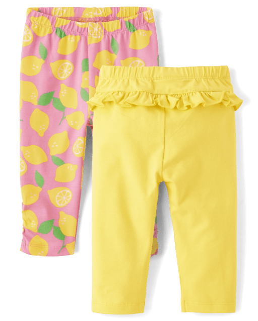 Baby Girls Mix And Match Lemon Print And Solid Knit Ruffle Leggings 2-Pack