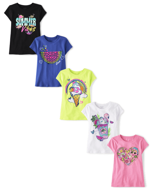 Girls Short Sleeve Summer Food Graphic Tee 5-Pack - MULTI