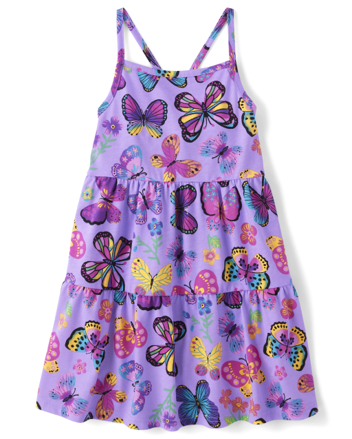 Girls Mix And Match Sleeveless Butterfly Print Tiered Everyday Dress PURPLE TANG CL The Children s Place