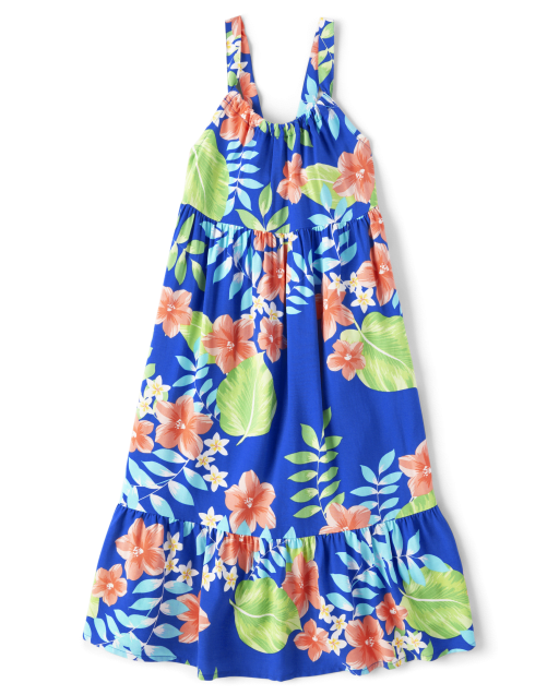 Vestido midi con gradas y estampado tropical sin mangas familiar a juego para ninas COOL COBALT The Children s Place