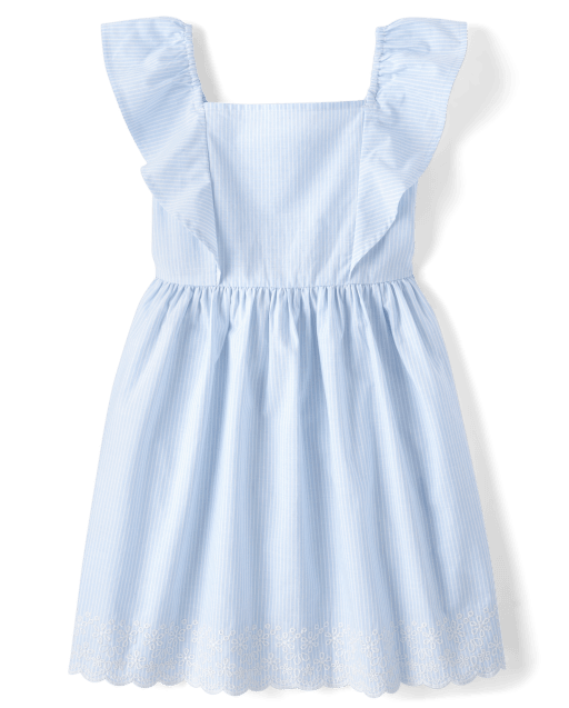 Girls Short Flutter Sleeve Pinstripe Eyelet Poplin Fit And Girls Short Flutter Sleeve Pinstripe Eyelet Poplin Fit And
