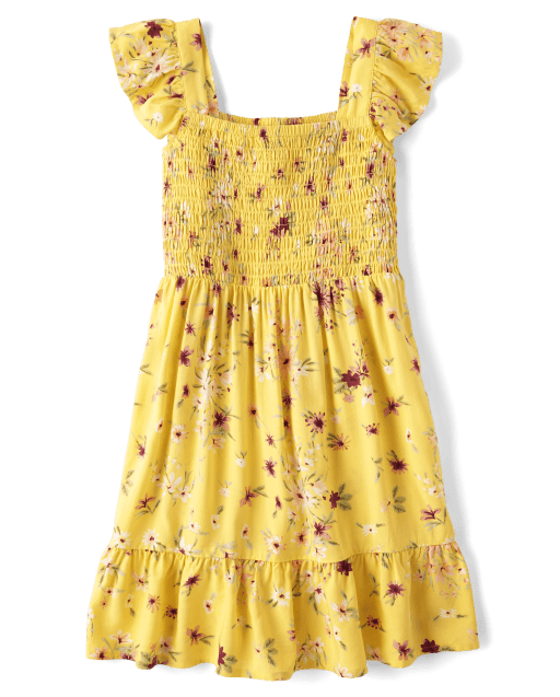 Girls Sleeveless Floral Print Smocked Ruffle Dress - YELLOW | The  Children's Place