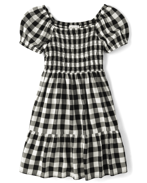 Girls Matching Family Short Sleeve Gingham Smocked Ruffle Dress - BLACK | The Children's Place Girls Matching Family Short Sleeve Gingham Smocked Ruffle Dress - BLACK | The Children's Place