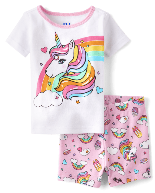 2pcs Kid Girl Unicorn Print Short-sleeve White Tee and Paperbag Pink Shorts Pajamas Sleepwear Set