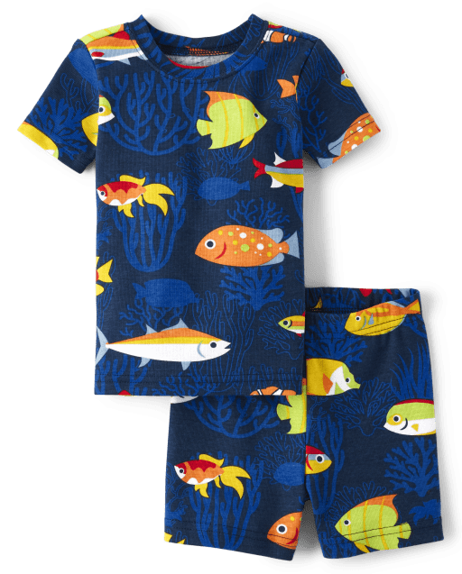 Unisex Baby And Toddler Short Sleeve Fish Print Snug Fit Cotton Pajamas BLUE The Children s Place