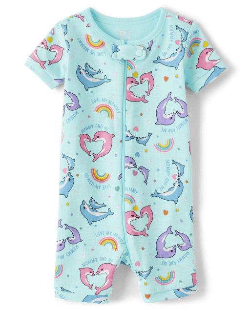 Baby And Toddler Girls Short Sleeve Dolphin Print Snug Fit Cotton One Piece Pajamas BLUE The Children s Place CA