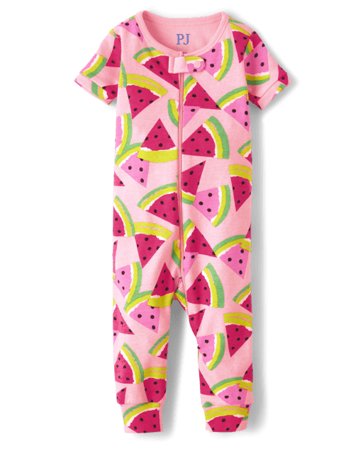 Baby And Toddler Girls Short Sleeve Watermelon Print Snug Fit Cotton One Piece Pajamas PINK The Children s Place