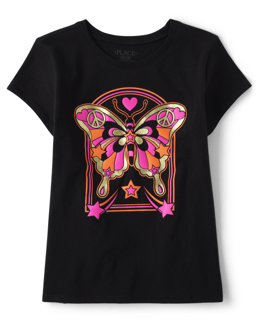 Girls Short Sleeve Butterfly Graphic Tee - BLACK | The