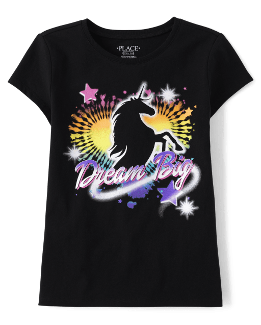 Girls Short Sleeve Unicorn Dream Big Graphic Tee - BLACK | The