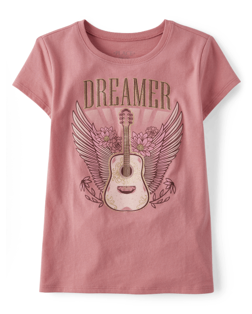 Girls Short Sleeve Dreamer Guitar Graphic Tee - PINK | The