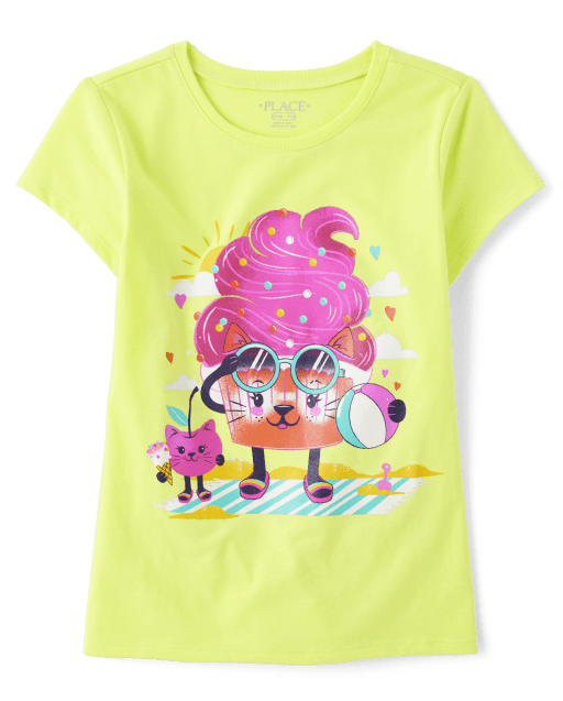 Girls Short Sleeve Cat Cupcake Graphic Tee - YELLOW | The