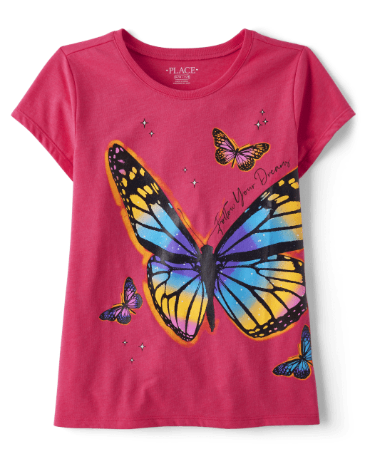Girls Short Sleeve Butterfly Graphic Tee - PINK | The
