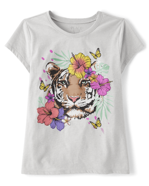 Girls Short Sleeve Tiger Flowers Graphic Tee - GRAY | The