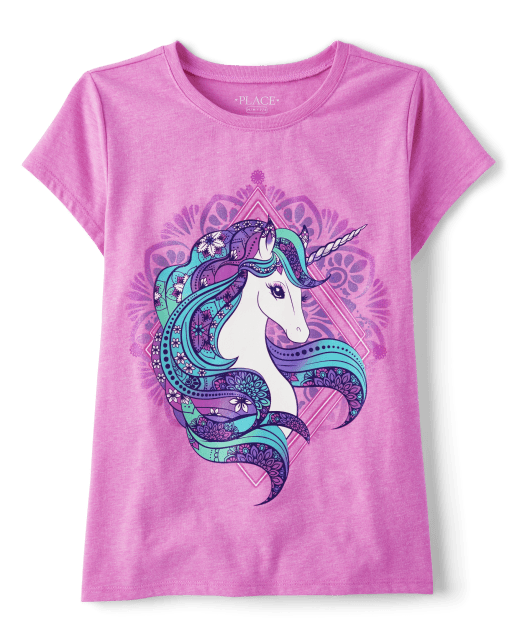 Camiseta de manga corta con estampado de unicornio para ninas PINK The Children s Place