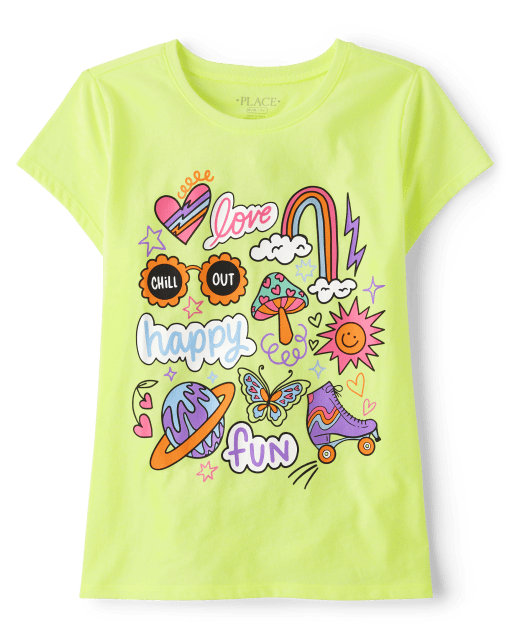 Girls Short Sleeve Happy Icon Graphic Tee - GREEN | The